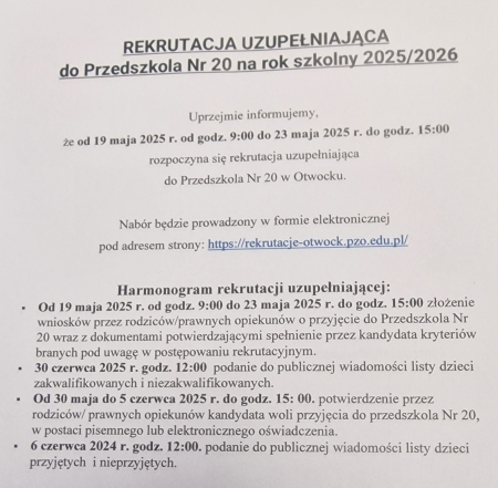 Rekrutacja uzupełniająca do Przedszkola nr 20 na rok szkolny 2025/2026