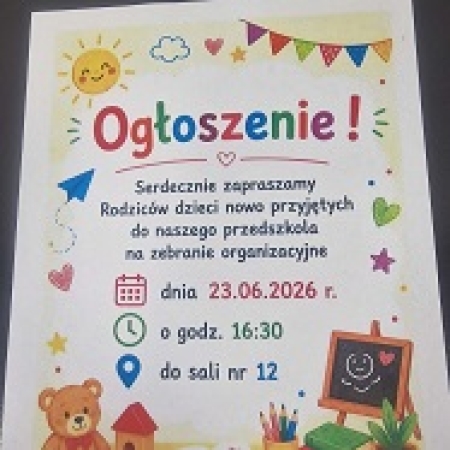 Spotkanie organizacyjne dla rodziców dzieci nowoprzyjętych do przedszkola
